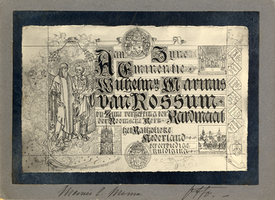 105690 Afbeelding van een gecalligrafeerde wenskaart ter gelegenheid van de benoeming van Wilhelmus Marinus van Rossum ...